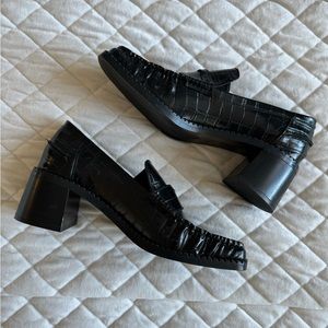 Zara Black Patent Leather Croc Heeled Loafers
